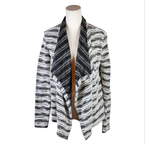 Eddie Bauer Sweaters - Eddie Bauer Black White Striped Open Front Cardigan M Shawl Collar Casual Knit
